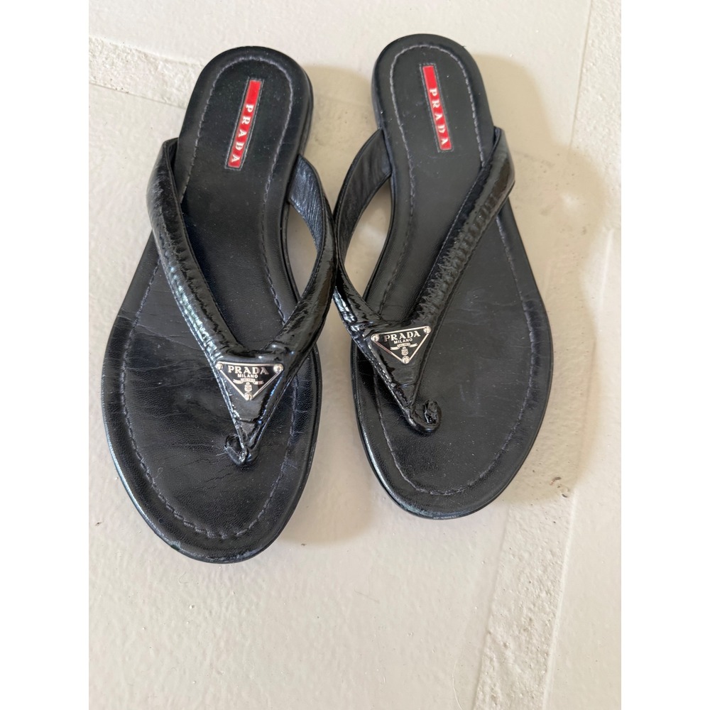 Prada Black Patent Leather Triangle Logo Thong Sandals 7 - Picture 11 of 13